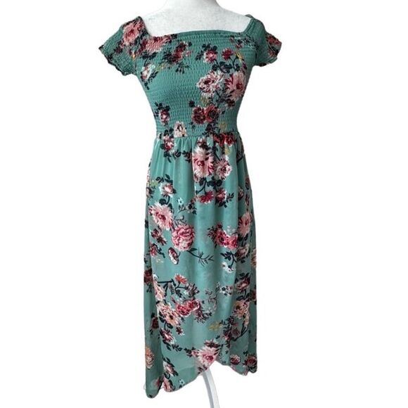 Derek Heart Floral High Low Dress Green Elastic Smocked Top SZ M - Picture 16 of 16
